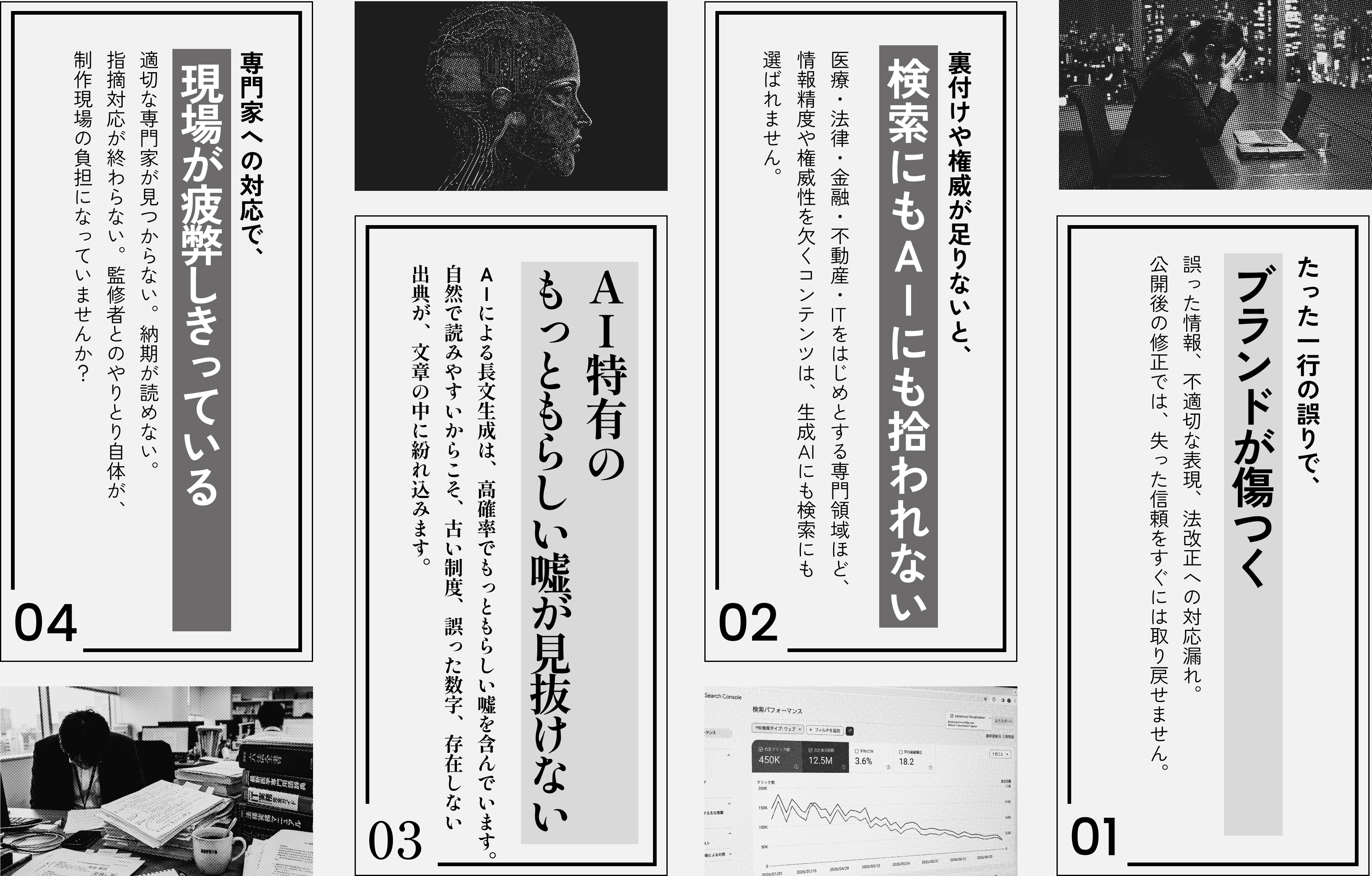 AIや外注による記事量産が抱える4つの見えないリスク: たった一行の誤りでブランドが傷つく、裏付けや権威が足りないと検索にもAIにも拾われない、AI特有のもっともらしい嘘が見抜けない、専門家への対応で制作現場が疲弊する